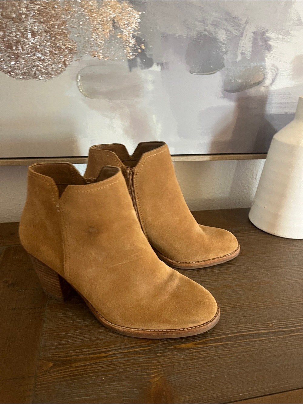 Gianni Bini Tan Suede Ankle Booties with Stacked Heel